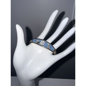 VTG  Alpaca Mexico Sterling Silver Bangle Bracelet Abalone Blue Flower Inlay 7"